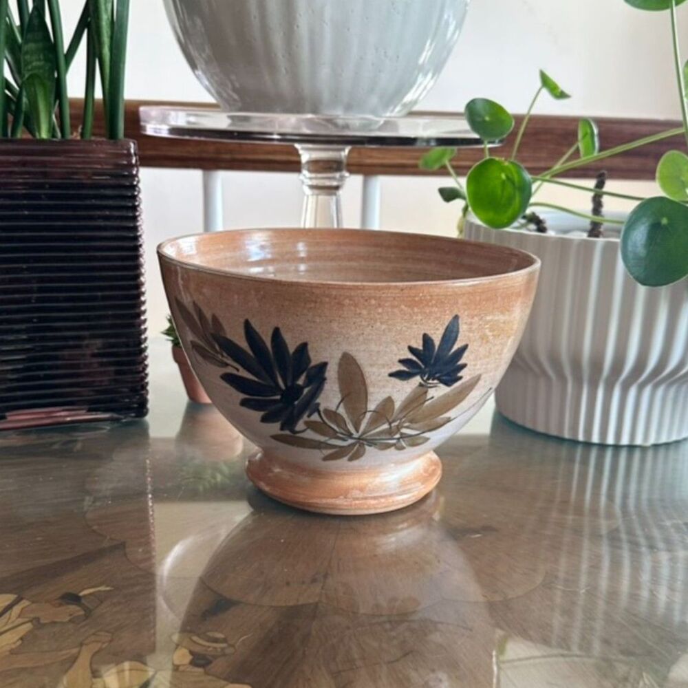 Vintage French Clay Cafe au Lait Bowl, Large Hand Painted Blue Floral Pottery